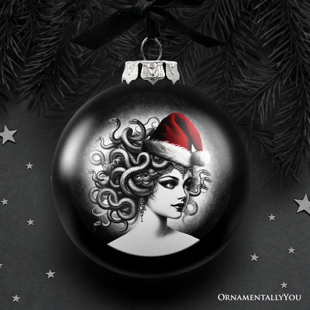 Medusa Christmas Spooky Portrait Glass Ornament, Black Horror Halloween Tree Decoration